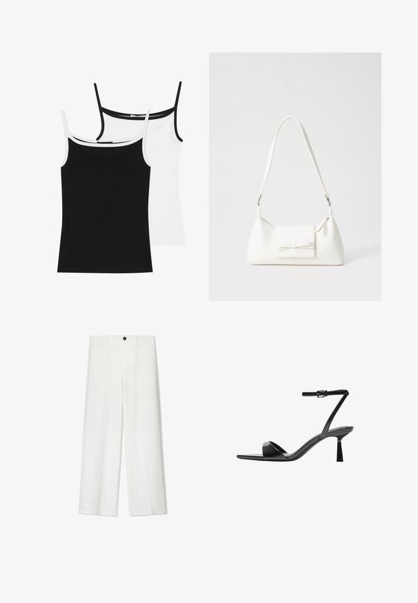 Két pántos felső: az egyik fekete, a másik fehér. Mindkettő vékony pántokkal és kontrasztos díszítéssel rendelkezik a dekoltázsnál. Simább, elasztikus anyagból készült.; Fehér, bő szabású nadrág, sima textúrával, elöl gombos záródással és övhurkokkal, kényelmes szabású.; Bershka Magas sarkú szandálok - black; Fehér szintetikus kézitáska, háromszög alakú, lapos előlap, masni részlettel, állítható pánttal, sima textúrával és minimalista dizájnnal.