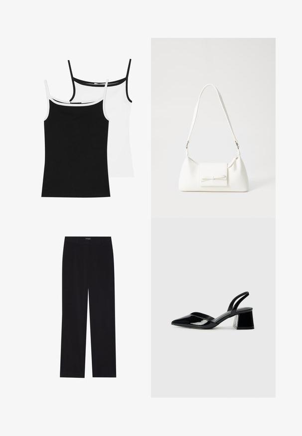 Két pántos felső: az egyik fekete, a másik fehér. Mindkettő vékony pántokkal és kontrasztos díszítéssel rendelkezik a dekoltázsnál. Simább, elasztikus anyagból készült.; Fekete kordbársony nadrág egyenes szabással, lapos derékkal és láthatatlan zsebekkel, sima textúrával és függőleges bordázással.; Fekete lakk bőr szandálkés magas sarkú cipő, hegyes orral és geometrikus tömbsarkakkal. Karcsú, minimalista dizájn és sima textúra jellemzi.; Fehér szintetikus kézitáska, háromszög alakú, lapos előlap, masni részlettel, állítható pánttal, sima textúrával és minimalista dizájnnal.