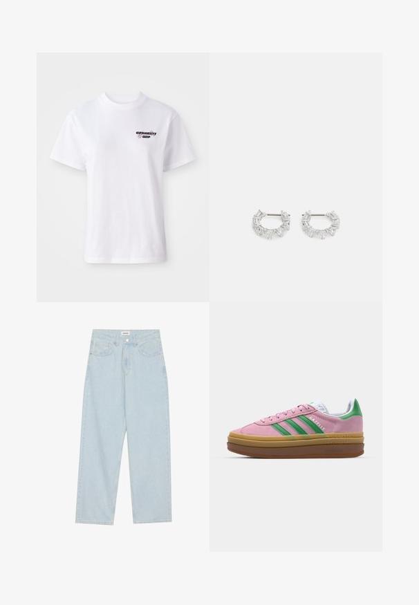 Balta īsām piedurknēm kreklā ar apaļu kakla izgriezumu ar nelielu melnu un purpura Carhartt WIP logotipu kreisajā krūtī.; Gaiši zilas platās kājas džinsi, kas izgatavoti no denima, ar vidēju jostas augstumu, piecām kabatām un pogas aizdari ar šauru metāla akcentu.; Rozā zamša kedas ar zaļām svītrām, baltām akcentiem un brūnu gumijas zoli. Izstrādātas ar teksturētu audumu un logotipa detaļām sānos.; Sudraba auskari ar cilindra formu, kuros ir novietoti taisnstūra un trīsstūra skaidri kristāli, sakārtoti apļa formā ar centrālo stiprinājumu.