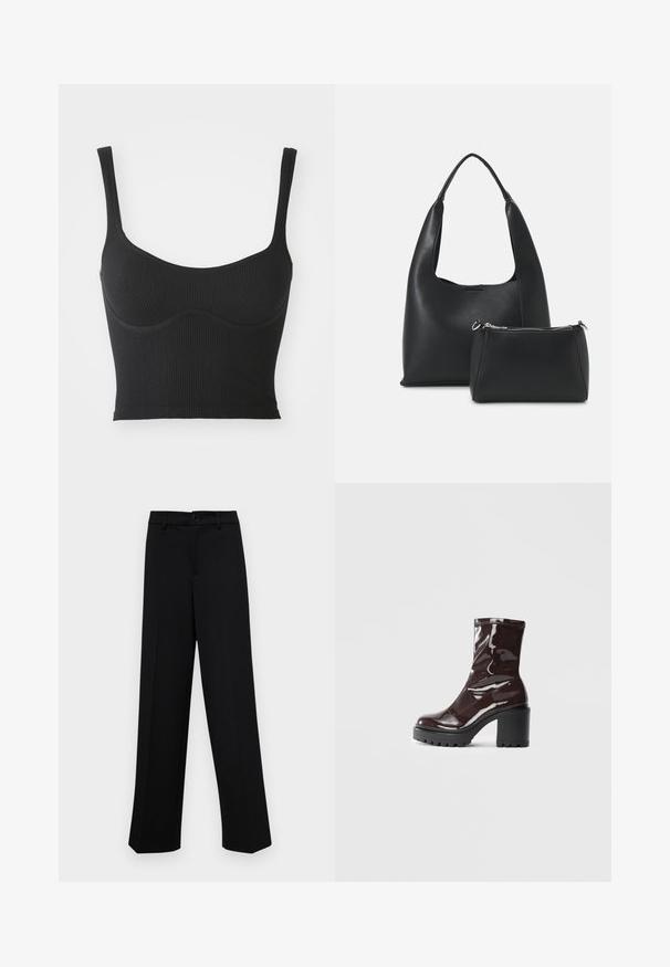 Melnas ribotas korta augšdaļa ar platām siksnām, noapaļotu dekoltē un smalku izliekumu detaļā pie krūšu daļas. Gluda tekstūra, pieguļošs dizains.; Melnas platajās bikses, kas izgatavotas no gludas auduma, ar klasisku jostu un pogu aizdari, kā arī priekšējām kroku detalizācijām.; Spīdīgas bordo potīšu botītes ar masīlu melnu papēdi, kurām ir gluda tekstūra un vienkāršs dizains. Nav redzamu aizdari vai rakstu.; Even&Odd Rokassoma - black