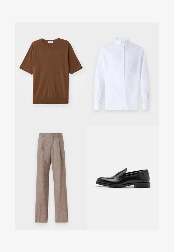 Braunes Kurzarm-T-Shirt aus weichem Stoff, mit rundem Halsausschnitt und einem leicht lockeren Sitz sowie einem gerippten Saum.; Weißes Langarm-Hemd mit Knöpfen aus Baumwolle, ausgestattet mit einer Brusttasche mit tonalem Stickerei, einem Kragen und Knopfmanschetten.; Braune, hochtaillierte Hose aus strukturiertem Stoff. Mit weitem Bein und zwei vorderen Bügelfalten für zusätzliche Form. Saubere Verarbeitung ohne sichtbare Hardware.; Schwarze Lederloafers mit glatter Textur, rundem Zehenbereich und einem dekorativen Riemen über dem Vorderfuß. Niedriger, gestapelter Absatz, minimalistisches Design.