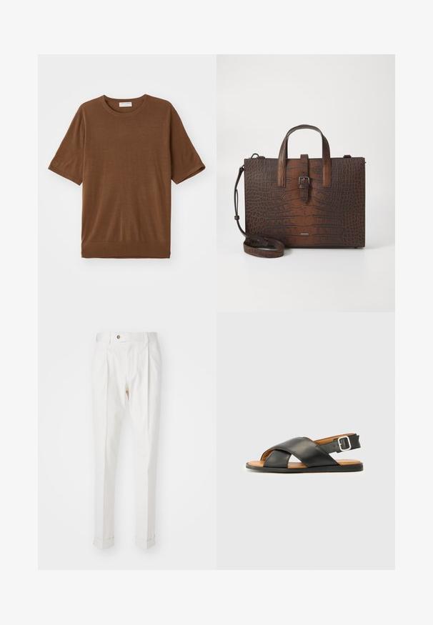 Brun short-sleeve t-paita, joka on valmistettu pehmeästä kankaasta, pyöreällä kaula-aukolla ja hieman löysällä istuvuudella, jossa on ribbireuna.; Valkoiset, muotoillut housut, joissa on tasainen etuosa, kaksi taitetta ja käärityt lahkeet. Valmistettu sileästä kankaasta, jossa on nappisuljenta vyötäröllä.; Musta nahkasandaalit, joissa on ristikkäiset hihnat, avotuli ja nilkkahihna, jossa on metallinen solki. Ruskea pohja ja musta ulkopohja. Yksinkertainen muotoilu.; Ruskea krokotiilien kuviollinen nahkakäsilaukku, jossa on yläkahvat ja irrotettava olkahihna. Ominaisuuksiin kuuluu solkilukko ja suorakulmainen muoto.