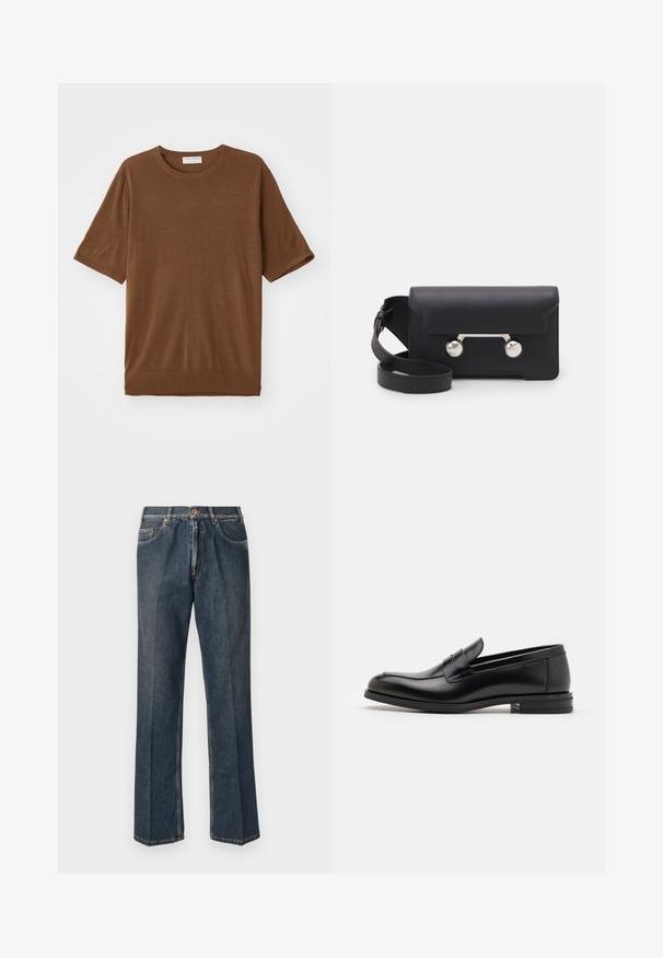 T-shirt marrone a maniche corte realizzato in tessuto morbido, con scollatura rotonda e una vestibilità leggermente ampia con orlo a coste.; Jeans in denim blu scuro a gamba dritta con bottone frontale, zip, doppie tasche anteriori e pieghe verticali visibili lungo le gambe.; Mocassini neri in pelle con una texture liscia, punta arrotondata e una striscia decorativa sulla tomaia. Tacco basso impilato, design minimalista.; Borsa a tracolla in pelle nera con chiusura a patta, hardware in tonalità argento e due accenti tondi. Dotata di una tracolla removibile. Texture liscia.