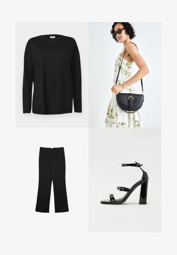 Črn dolgi rokav T-majica iz lahkotnega materiala, s krožnim izrezom, sproščenim krojem in oblikovanim robom.; Črne hlače ravnega kroja z naglavnimi žepi in stranskimi razporki na robu. Narejene iz mehke, gladke tkanine. Primerne za različne priložnosti.; Črne lakaste sandale z visokimi petami, z dvema trakovoma z zaponkama, kvadratnim sprednjim delom in masivno širšo peto, z gladko, sijočo teksturo.; Črna usnjena torbica s ukrivljeno obliko, z odstranljivo naramnico in zlatimi dodatki. Torbica ima pokrov s podrobnostmi v obliki zaponke.