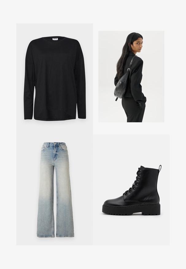 Black long-sleeve T-shirt made of lightweight fabric, featuring a round neck, relaxed fit, and a curved hem design.; Light blue wide-leg jeans made of denim, featuring a high waist, five pockets, and visible stitching along the seams.; Black leather ankle boot with a thick, textured sole, round toe, and metal eyelets for laces. Features a pull tab on the back.; Woman with long dark hair wearing a black suit, carrying a black leather shoulder bag, looking over her shoulder against a white background.