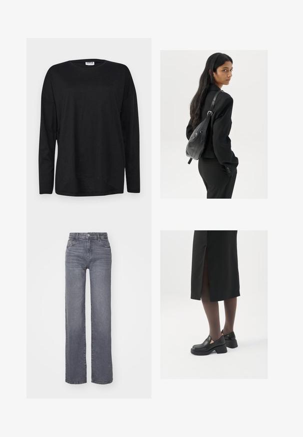 Crna majica dugih rukava od lagane tkanine, s okruglim izrezom, opuštenim krojem i zakrivljenim rubom.; Sive široke traperice izrađene od denima s glatkom teksturom, s kopčanjem na dugme i zatvaračem, te pet džepova.; Crne kožne cipele s zaobljenim vrhom, debelim blok petama i elastičnim bočnim detaljima, uparene s tamnim čarapama i crnom suknjom s prorezom.; Žena s dugom tamnom kosom koja nosi crno odijelo, drži crnu kožnu torbu preko ramena i gleda unazad na bijeloj pozadini.; Srebrne okrugle naušnice s minimalističkim dizajnom. Kružni oblik, glatka tekstura i tanak profil. Lagane s poliranim završetkom.