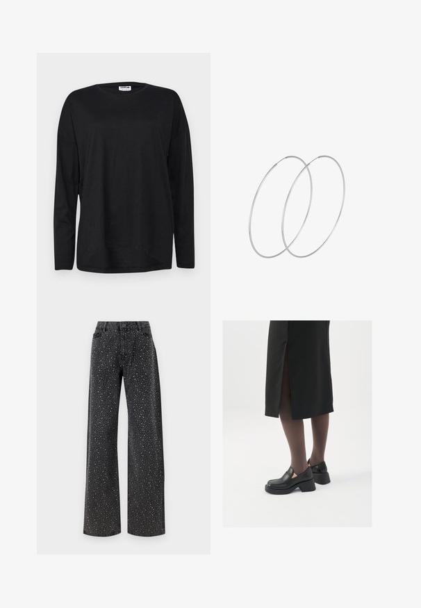 Melns garām piedurknēm T-krekls, kas izgatavots no viegla auduma, ar apaļu kaklu, brīvu piegriezumu un ar izliektu apakšmalu.; Noisy May NMJANNEL LOOSE - Brīva piegriezuma džinsi - black denim; Melni ādas apavi ar noapaļotu purngalu, biezām bloku papēžiem un elastīgiem sānu akcentiem, apvienoti ar tumšām zeķubiksēm un melnu svārku ar šķirbu.; Sudraba gredzenveida auskari ar minimālistisku dizainu. Cirkulāra forma, gluda tekstūra un plāns profils. Vieglu svaru ar spīdīgu apdari.