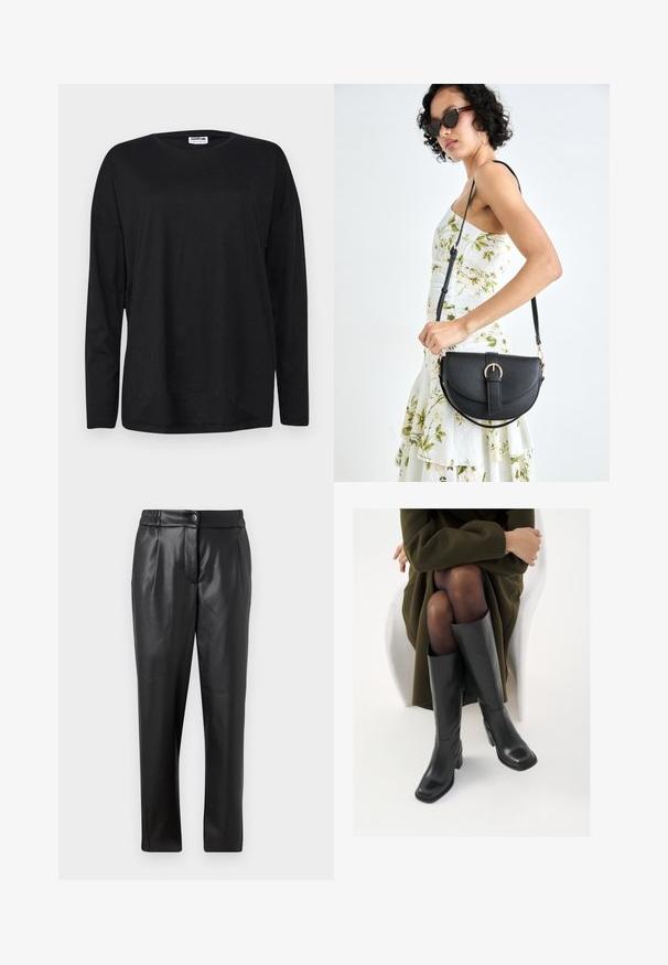 Svart langermet T-skjorte laget av lett stoff, med rund hals, avslappet passform og design med buet kant.; Sorte skinnbukser med en glatt tekstur, rett passform, elastisk liv, og frontknappelukking; plisserte detaljer og smale ben.; Knæhøye sorte lærstøvler med firkantet tå og blokkhelt, vist med en modell som sitter iført en olivengrønn kåpe. Glatt tekstur, minimal detaljering.; Svart lærveske med en buet form, avtagbar stropp og gullbeslag. Vesken har et klaff med spenne-detall.