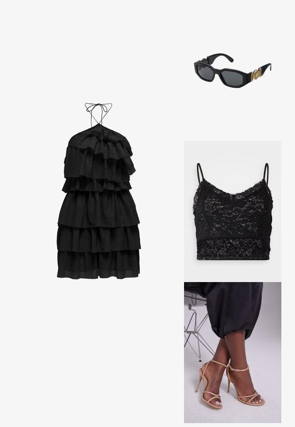 Sort blonderet bralette med justerbare spaghetti-stropper, et blomsterlæs-mønster og en solid sort kant i bunden.; Sort kjole med lagdelte flæser, en halterneck med bindebånd og en flydende silhuet. Lavet af letvægtsstof.; Beige hælkiler med krystaludsmykninger, der har åben tå, tynde remme og en strømlinet silhuet.; Sorte solbriller med en kraftig geometrisk ramme, mørke linser og guldmetal detaljer på stængerne med et rundt emblem.