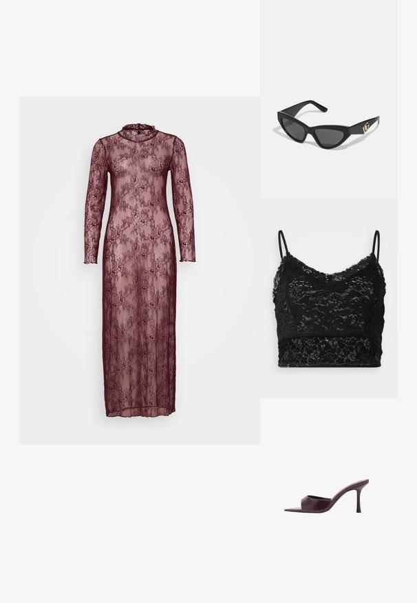 Mustat pitsinen bralette, jossa on säädettävät olkaimet, kukkakuvioista pitsiä ja kiinteä musta vyötärö.; Pitkä burgundinpunainen pitsimekko, jossa on pitkät hihat, korkea kaulus ja kukkakuviot. Läpinäkyvä materiaali ja piilottava siluetti.; Burgundin väriset korkokengät, joissa on neliömäinen varvas, valmistettu sileästä nahasta. Omistaa tyylikkään, minimalistisen muotoilun ja kapenevan kanta.; Aurinkolasit kissansilmällä, joissa on matta musta muovikehys, tummat linssit ja kultainen logokiinnitys temppeleissä. Kulmikas muotoilu ja sileä pinta.; Michael Kors kääröbeige pinnoitettua kangasta, jossa on toistuva MK-logo -kuvio, kultaiset yksityiskohdat ja irrotettava ketjuhihna.