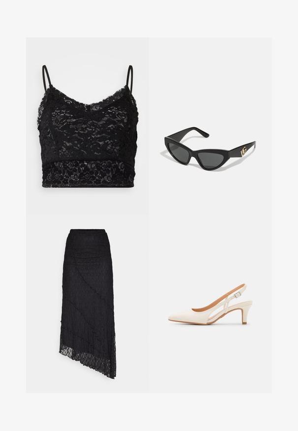 Zwarte kant bralette met verstelbare spaghetti bandjes, een bloemenkantpatroon en een effen zwarte band aan de onderkant.; Zwarte kanten top met een off-the-shoulder halslijn, lange klokmouwen en gekartelde randen. Geweven bloemenpatroon overal.; ONLY ONLKIM LACE SKIRT - Maxirok - black; Witte slingback hak met een spitse neus, glad bovenmateriaal, lage blokhak en een design met uitsparingen aan de zijkant, voorzien van een verstelbare gespsluiting.; Cat-eye zonnebrillen met een matte zwart plastic frame, donkere lenzen en een gouden logo-accent op de poot. Hoekig ontwerp en een soepele textuur.