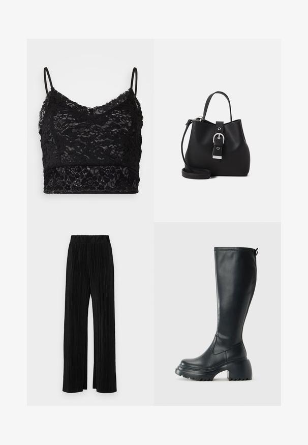 Mustmustäheline rinnahoidja, millel on reguleeritavad õhukesed rihmad, lilleline pitsimuster ja allosas ühtlane must riba.; Mustad pleekitud püksid elastse vöökohtaga. Omavad laiad jalad ja sujuvat, tekstureeritud kangast vertikaalsete triipudega.; Kõrge must nahksaapad, millel on massiivne platvormi tald ja blokk-kand, varustatud tõmbenööriga ja tekstuuriga väljatõmbejääk.; Must beeblast nöörkott, mis on valmistatud siledast nahast, millel on struktureeritud kuju, lühike sang ja eemaldatav õlarihm. Hõbedane pandlakaunistus.