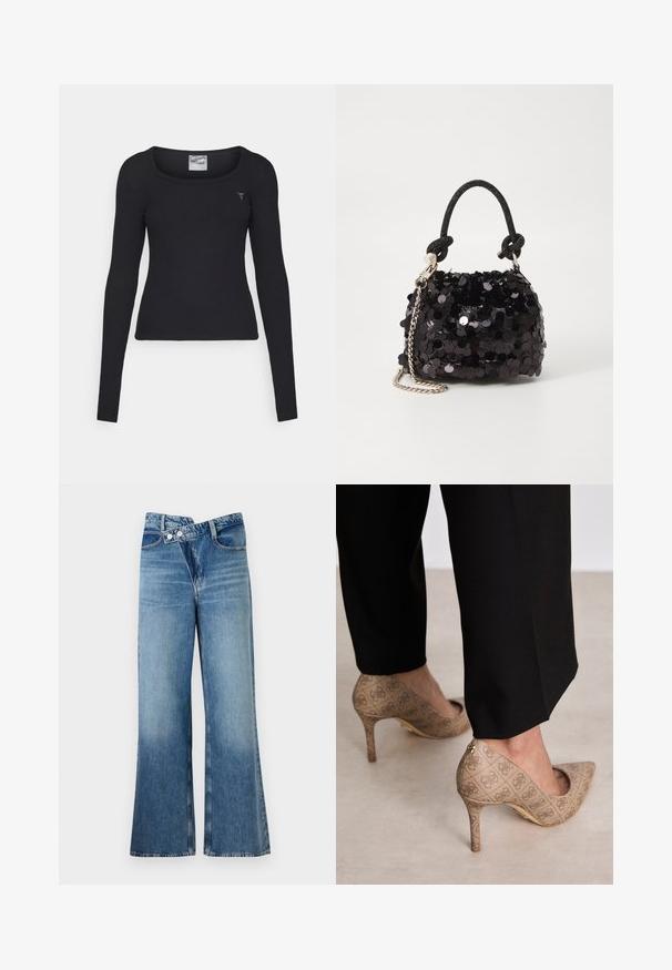 Fekete bordázott hosszú ujjú felső kerek nyakkivágással és kis háromszög alakú logóval a mellen, karcsú fazonú és egyszerű dizájnú.; Világoskék, harang szabású farmernadrág magas derékkal, két gombbal és elülső zsebekkel. Az anyag megjelenése kopott, apró eltérésekkel.; Beige magassarkú cipők texturált anyagból, ismétlődő mintával. Hegyes orrú kialakítás, hátsó díszítéssel és arany sarkú részlettel.; Fekete flitteres mini kézitáska csomózott textúrájú pánttal és ezüst lánccal. Lekerekített forma, ráncolt tetejével és fényvisszaverő részletekkel.