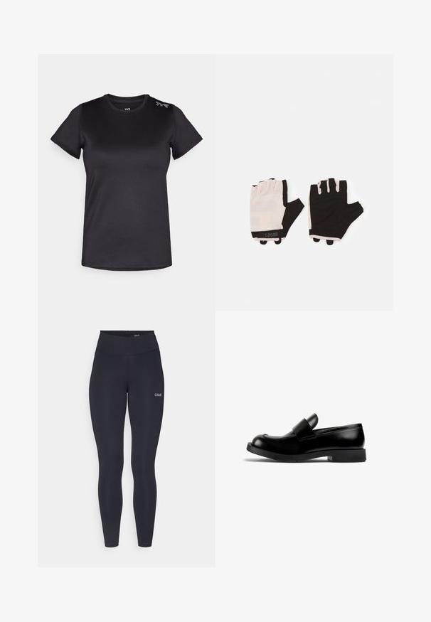 Camiseta atlética negra de manga corta con acabado texturizado y cuello redondo; cuenta con un logo blanco en el hombro izquierdo.; Leggings negros con una cintura alta, hechos de una tela elástica, que cuentan con un pequeño logo blanco en el muslo y una textura suave.; Mocasin de cuero negro con punta redondeada, suela de goma plana y un destacado detalle de tira en la parte superior. Textura suave, diseño minimalista.; Guantes de fitness con un diseño en rosa claro y negro, fabricados con material transpirable, que cuentan con una correa ajustable para la muñeca y acentos de agarre texturizados.