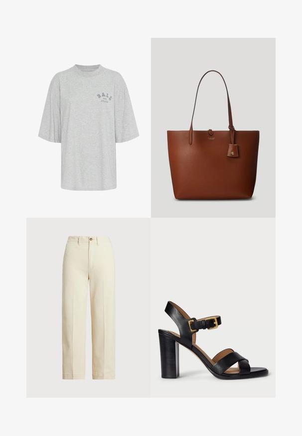 Hallatav hall puuvillane T-särk, millel on ümar kaelus, lühikesed varrukad ja tumesiniselt trükitud logo, mis ütleb "BALL THE JEANS".; Beezid püksid, mis on valmistatud puuvillast, sirge lõikega, ühe nööbi kinnitusega ja nähtavate esihõõrdudega. Puha hem ja ilma mustriteta.; Mustad nahast kontsasaapad, millel on ristuv rihma disain ja klamber. Omab paksemat kontsa ja siledat tekstuuri.; Pruunist kivikestast valmistatud käekott kahe käepideme ja väikese küljes oleva sildiga, millel on esiküljel diskreetne logo. Sile tekstuur ja kindel kuju.