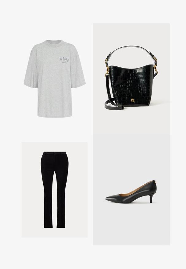 Gray oversized t-shirt made of cotton, featuring a round neck, short sleeves, and a printed logo in navy reading "BALL THE JEANS".; Black trousers made of a smooth, velvet-like fabric. Tailored fit with a straight leg, featuring a traditional waistband and belt loops.; Black leather pump with a pointed toe, low heel, and a smooth texture. Features a slight opening at the front and minimal hardware at the back.; Black croc-embossed leather bag with a curved shape, gold hardware accents, an adjustable strap, and a logo detail at the front.