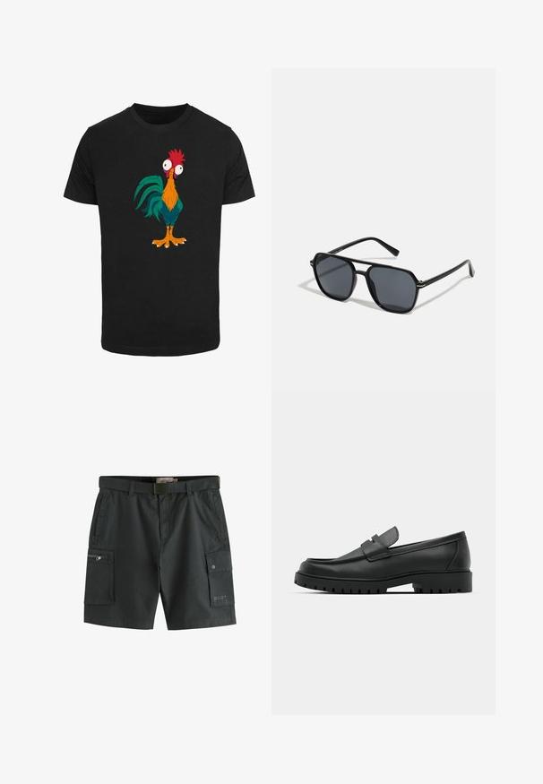 Črna majica z barvitim risanim dizajnom petelina z izpostavljenimi značilnostmi in velikimi očmi, ki prikazuje oranžne, zelene in rdeče poudarke.; Temno sivi cargo kratke hlače z pasom. Značilnosti vključujejo več žepov, žep z zadrgo na levem stegnu in teksturirano blago.; Črne usnjene loafers čevlje z zaobljenim nosom, ki imajo šivano zasnovo, nizko platformo in teksturiran, profiliran gumijast podplat.; Črne sončne naočniki z oktagonalnim okvirjem, temnimi lečami, sijočo površino, tankimi nogicami in zlatimi detajli spredaj.