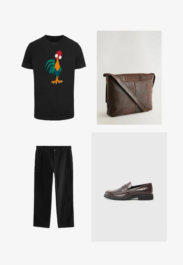 Must must have värvikas multifilmikook, millel on ümar ja suurte silmadega tõuk. Särgil on oranzid, rohelised ja punased aktsendid.; Mustpeadest puuvillased püksid otselegii disainiga, millel on ees asuv nööbi sulgemine, kaldenurkadega külgtaskud ja peened õmblemise detailid.; PRUUNID NAASTE NAHK LOFAERID sileda pinnaga, millel on peene õmblustunne ülemise serva juures ja must kummitald.; Pruun nahast kullerikott tekstureeritud kaanega, millel on pikk reguleeritav rihm ja nähtavad õmblused. Sile, mati viimistlusega.