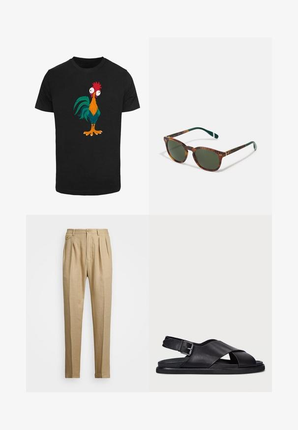 Juodas marškinėliai su spalvingu animaciniu gaidžio dizainu, kuriame yra perteikti išryškinti bruožai ir didelės akys, puikuojasi oranžinėmis, žaliomis ir raudonomis akcentais.; Bežinės lininės kelnės tiesaus kirpimo, turinčios dvi priekinės klostes, sagų užsegimą ir šonines kišenes. Tekstūruotas audinys su lygiu paviršiumi.; Polo Ralph Lauren ZANE LEATHER SANDAL - Sandalai - black; Vėžlio kiauto akiniai nuo saulės su žaliais lęšiais, apvalios formos, aukso akcentais ir tamsiai žaliais rankenomis su balta juostele.