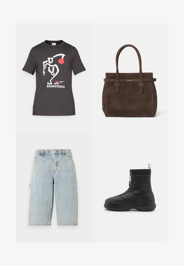 Black cotton t-shirt featuring a white basketball player graphic, red ball accent, and "BASKETBALL" text in white and red. Short sleeves.; Noon Goons RUNAWAY - Denim shorts - washed blue; Black waterproof snow boot with a smooth synthetic upper, zip closure, padded collar, and textured rubber sole. Accented with "MOON BOOT" branding.; Dark brown suede tote bag with dual handles and a horizontal strap featuring a small gold DSQUARED2 logo plaque.