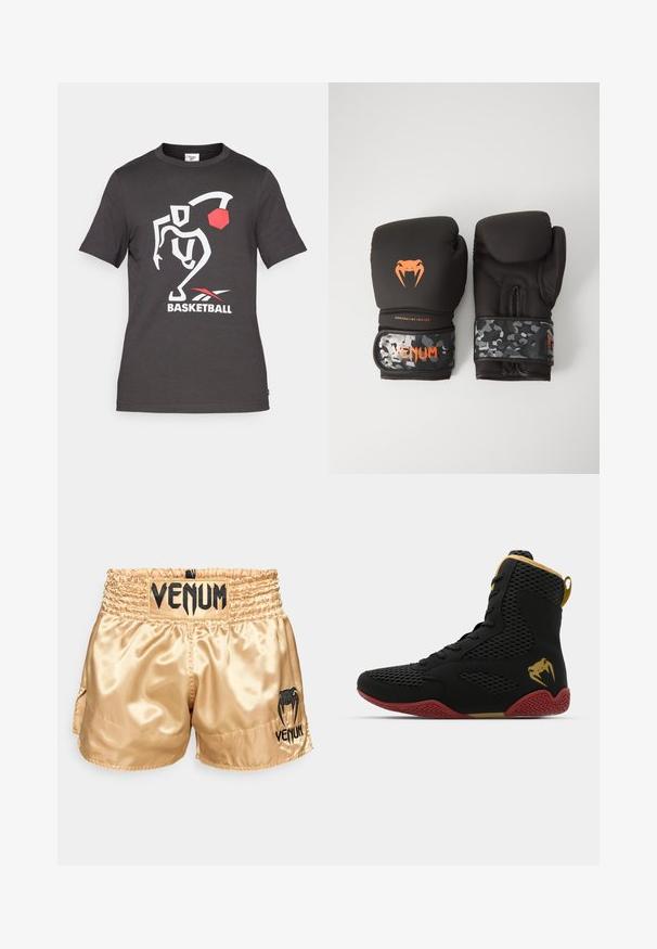 Must värvi puuvillane T-särk, millel on valge korvpalluri graafika, punane pallielement ja "BASKETBALL" tekst valge ja punasega. Lühikesed varrukad.; Kuldne satiinist poksipingid musta "VENUM" logoga vööl ja külgedel, millel on sile tekstuur ja elastne vöö, et tagada mugavus.; Korkeatutine sportlik king, musta võrkkangaga ja sünteetilisest materjalist, tekstuursete detailidega, punase kummitaldiga ja kuldsete aktsentidega pahkluu piirkonnas.; Mustavad krossimise kinnased, millel on mati viimistlusega ja ergonoomiline disain. Oranž logo detail ja kamuflaažimuster randmetrasside peal.