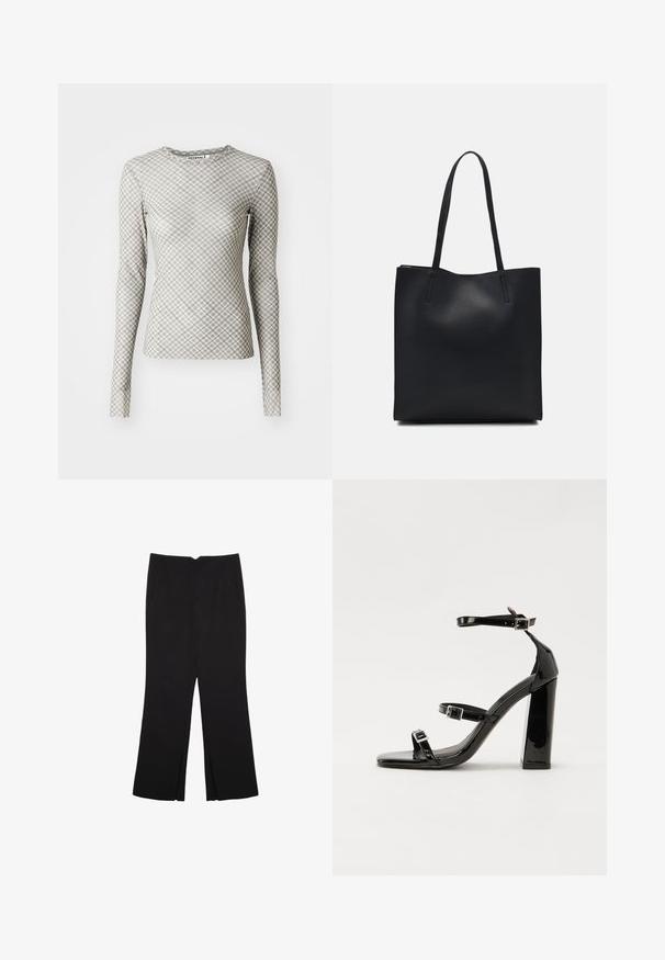 Srajca z dolgimi rokavi v svetlo sivi barvi z geometrijskim diamantnim vzorcem v temnejši sivi in zelenimi akcenti, ki ima okroglo izreza in prilegan kroj.; Črne hlače ravnega kroja z naglavnimi žepi in stranskimi razporki na robu. Narejene iz mehke, gladke tkanine. Primerne za različne priložnosti.; Črne lakirane sandale s peto, kvadratnim prstom, trakovi okrog gležnja in srebrnimi zaponkami. Opremljene so s stabilno Debelo peto.; Črna usnjena torba s svilnato teksturo, pravokotne oblike in dvema dolgima ročajema. Brez vidnih metalnih delov ali okrasnih elementov.