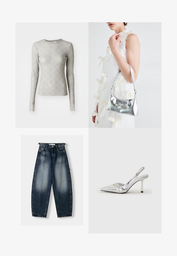 Long-sleeve top in light gray with a geometric diamond pattern in darker gray and green accents, featuring a round neckline and fitted shape.; Blue denim wide-leg jeans with a faded wash, featuring a button fly, side pockets, and cargo-style pockets on the sides.; Silver slingback high heel shoe with a pointed toe, metallic finish, two decorative straps, and a slender heel with a black tip.; Silver metallic handbag with a structured shape, featuring a top handle and bow detail on the front. Smooth texture, reflective finish.