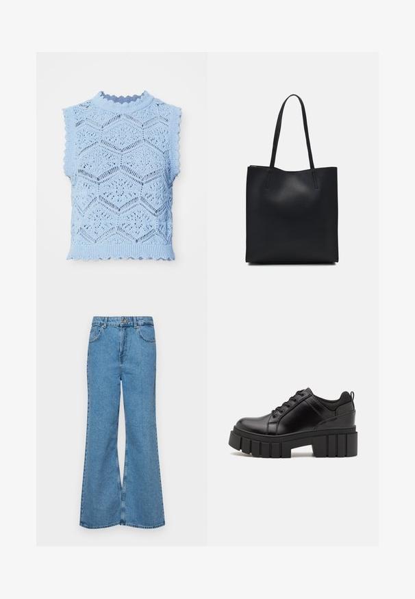 Világoskék kötött ujjatlan felső, amely hatszögletű mintával, fodros szélekkel és vékony bordázott, magas nyakkivágással rendelkezik.; Világoskék, trapézszárú farmernadrág, magas derékkal, öt zsebbel és egy gombos záródással. Puha tapintású, magasított effektusú anyag.; Fekete bőr platform cipők vaskos blokk sarkakkal, kerek orral és hagyományos fűzős kialakítással. Simára csiszolt felület és minimális részletezés jellemzi.; Fekete bőrtáska sima felszínnel, téglalap alakú, két hosszú füllel. Nincs látható fémkiegészítő vagy díszítés.