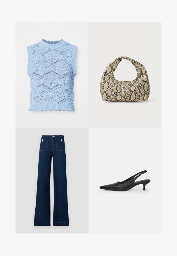 Light blue knitted sleeveless top featuring a hexagonal pattern, scalloped edges, and a high neckline with thin ribbing.; Dark blue wide-leg jeans with high waist, gold button accents, two front and back pockets, and contrasting stitch details. Textured denim fabric.; Black leather slingback shoe with a pointed toe and a slim, curved heel. Features a discrete adjustable strap with a metal buckle.; Snake-print handbag with a curved handle. Made from textured, beige and brown materials, featuring a distinctive diamond pattern.