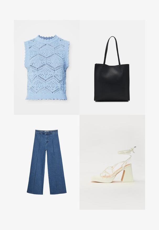 Světle modrý pletený top bez rukávů s hexagonálním vzorem, vlnitými okraji a vysokým výstřihem s tenkým žebrováním.; Džíny s širokými nohavicemi v středně modré barvě, se zvýšeným pasem, knoflíkovým zapínáním a kontrastními vertikálními švy vpředu.; Bílé sandály na vysokém podpatku s robustním podpatkem, s designem s pásky a zavazováním kolem kotníku. Hladký povrch s platformou vpředu pro zvýšení výšky.; Černá kožená taška přes rameno s hladkým povrchem, obdélníkovým tvarem a dvěma dlouhými uchy. Žádné viditelné kování ani ozdoby.