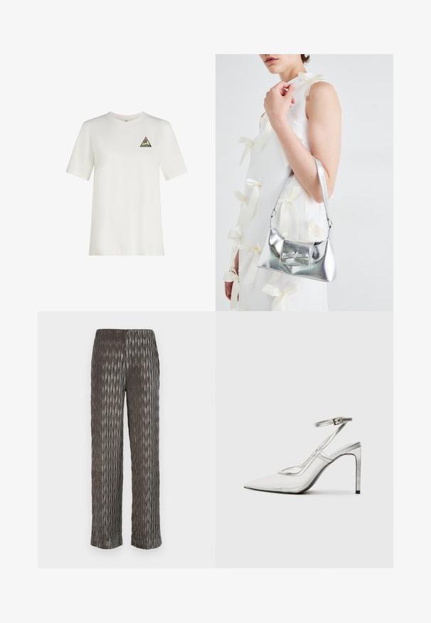 Bela bombažna majica s kratkimi rokavi in okroglo izrezom, z večbarvno trikotno oznako na levi strani prsnega dela.; Sive široke hlače s plisirano oblikovnim vzorcem v obliki diamanta. Mehka tkanina, elastičen pas in skrajšana dolžina.; Prozoren špikasti petni čevelj s koničastim nosom, iz prozornega materiala, s kovinskimi srebrnimi dodatki in nastavljivim trakom za gleženj.; Srebrna metalna torbica z oblikovano strukturo, ki ima zgornji ročaj in detajl v obliki mašne spredaj. Gladka tekstura, z odsevnimi površinami.