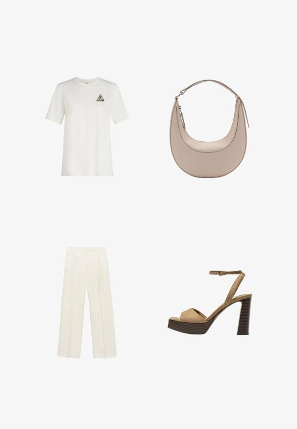 Hvid bomulds T-shirt med korte ærmer, rund halsudskæring, prydet med et trekantet farverigt logo patch på venstre bryst.; Bredbenede bukser i en lys cremefarve. Fremstillet af et glat stof med plisseringer foran og sidelommer.; Beige ruskinds højhælede sandaler med en bred foranrem og ankelrem, der har en kraftig træblokhæls struktur.; Beige læder skuldertaske med en halvmåneform, glat overflade og et enkelt buet håndtag. Har en lynlåslukning og pæne syninger.