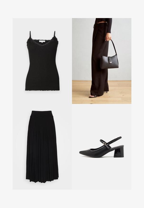 Čierny rebrovaný top bez rukávov s čipkovým lemovaním na výstrihu a okraji. Obsahuje nastaviteľné ramienka. Tkanina sa zdá byť mäkká s priliehavým strihom.; Čierna plisovaná sukňa s vysokým, elastickým pásom. Vyrobená z mäkkej látky, pričom má vertikálne plisovanie pre plynulý siluetu.; Čierne lakované kožené lodičky so slingback dizajnom, špicatou špičkou, zaobleným výrezom a blokovým podpätkom. Obsahuje akcent zlatého tónu s prackou.; Čierna kabelka so štruktúrovaným tvarom, hladkou textúrou a kovovou sponou. V kombinácii so širokými čiernymi nohavicami a sandálmi s otvorenou špičkou na drevenej podlahe.