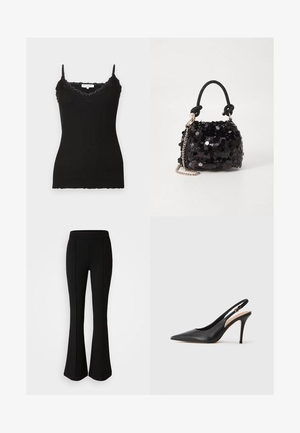 Must mustrilineelinega mustriga ja äärisega must riba top. Omab reguleeritavaid rihmasid. Kangas tundub pehme ja sobib hästi.; Mustad flared püksid, mis on valmistatud elastsetest materjalidest, millel on sile tekstuur. Ees on õmbluste detailid, mis lisavad disaini.; Mustaga nahast slingback kõrge kontsaga jalanõud terava toe ja sileda tekstuuriga, delikaatse rihmaga, mis on varustatud metallist säärekohaga.; Must have mustrõngus mustal sädelev mini käekotil on sõlme tekstuuriga rihm ja hõbedane ketis. Ümar kuju, kokku kogutud ülaosa ja peegeldav detail.