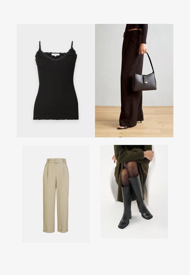 Débardeur noir à côtes avec une finition en dentelle au niveau du col et de l'ourlet. Il est doté de bretelles réglables. Le tissu semble doux et présente une silhouette ajustée.; Pantalons beige taille haute avec une coupe évasée, comportant des plis, une ceinture assortie avec une boucle rectangulaire et des ourlets à revers.; Bottes en cuir noires arrivant au genou, avec un bout carré et un talon carré, présentées sur un modèle assis dans un manteau vert olive. Texture lisse, détails minimaux.; Sac à main noir à la forme structurée, texture lisse et fermoir métallique. Associé à un pantalon noir ample et des sandales ouvertes sur un sol en bois.