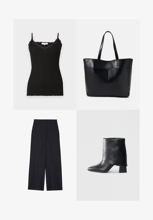 Black ribbed tank top with lace trim at the neckline and hem. Features adjustable straps. Fabric appears soft with a fitted silhouette.; Wide-leg trousers in dark navy fabric, featuring a smooth texture, front pleats, and decorative gold-tone eyelets on the side pockets.; Black leather ankle boot with a pointed toe, smooth texture, and a structured block heel. Features a high, folded cuff design.; Black leather tote bag with two long handles, a smooth texture, and a structured shape. Features a front pocket for additional storage.