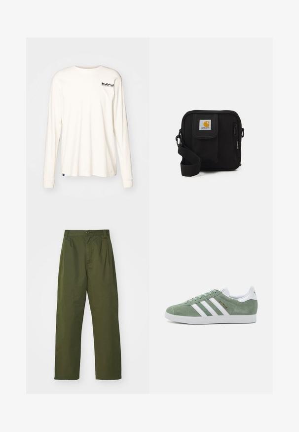 Langärmliges, cremefarbenes Baumwollhemd mit Rundhalsausschnitt. Verfügt über ein kleines schwarzes Logo auf der linken Brust. Weiche Textur, lockere Passform.; Olivgrüne, hochgeschnittene Hose mit geradem Bein. Hergestellt aus einem leichten Stoff, mit Vorderfalten und einem Knopfverschluss.; Grüne Wildlederschuhe mit weißen Lederelementen, ausgestattet mit drei weißen Streifen, runder Zehenpartie und einer strukturierten Gummisohle. Goldene Markendetails.; Schwarze Umhängetasche mit einem Reißverschluss-Hauptfach, einer Fronttasche, einem verstellbaren Tragegurt und einem sichtbaren Logo-Patch auf dem Deckel.
