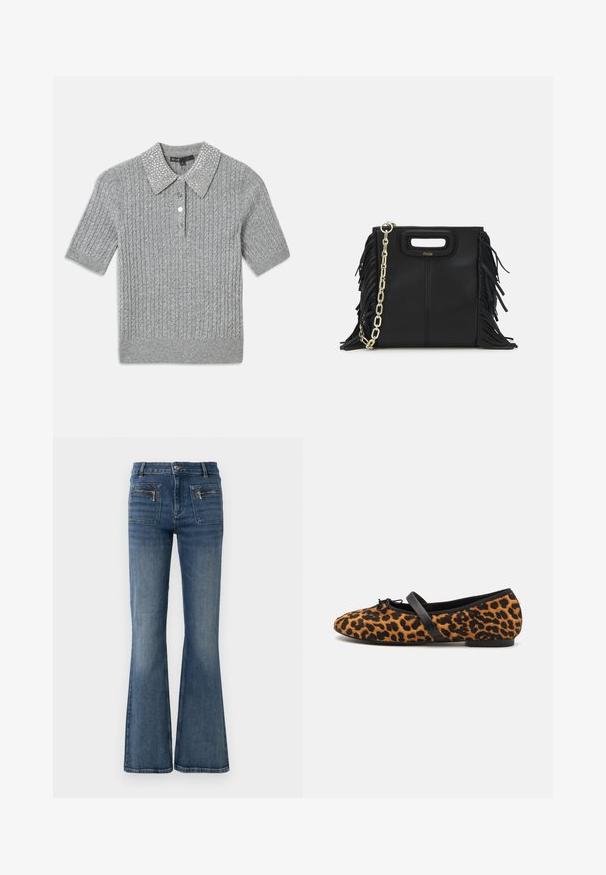 Harmaa neulepolo, jossa on lyhyt hiha, ribattu pinta ja koristeellinen helmikaulus. Edessä kolme nappia.; Vapaamittaiset siniset farkut, joissa on keskimittainen vyötärö, edessä ja takana taskut sekä hillitty haalistunut pesu.; Leopardi kuosiset balettikengät mustilla yksityiskohdilla, joissa on pyöreä kärki, litteä pohja ja koristeellinen nauha etuosassa. Pehmeä pinta.; Musta nahkakäekott, millel on frantsiisidetailid, kuldne õlgade rihm ja lõikega käepide. Ees on logo paigutus.