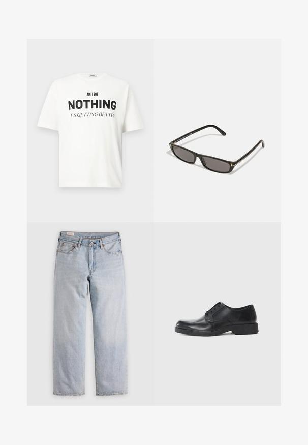 Weißes, oversized T-Shirt mit schwarzem Text "HAB NICHTS, ES WIRD BESSER" auf der Vorderseite gedruckt, mit kurzen Ärmeln und Rundhalsausschnitt.; Helle blaue gerade geschnittene Jeans mit hoher Taille, Knopfverschluss sowie Vorder- und Hintertaschen, auf einer flachen Oberfläche präsentiert.; Schwarze Lederschuhe mit rundem Zeh, Schnürdesign und niedrigem Blockabsatz. Glatte Textur und minimalistisches Profil.; Schwarze rechteckige Sonnenbrille mit dunklen Gläsern. Kunststoffrahmen mit matter Oberfläche. Goldene Akzente an den Bügeln und Logo-Branding.