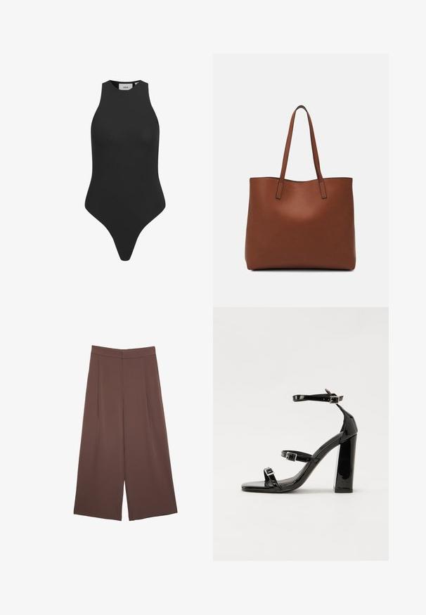 Musta hihaton bodysuit, jossa on korkea kaula-aukko ja vartalonmyötäinen alaosa. Valmistettu sileästä, joustavasta kankaasta, joka muotoilee vartaloa.; Ruskeat leveälahkeiset housut, joissa on sileä pinta, korkea vyötärö ja etupleat. Kangas on kevyttä ja laskeutuu väljänä.; Musta kiiltävä korkokenkä sandaalit neliönmuotoisella varpaalla, nilkkaremmillä ja hopeisilla soljilla. Varustettu tukevalla lohkokorkealla vakauden takaamiseksi.; Ruskea nahkainen olkalaukku, jossa on sileä pinta, avoin yläosa ja kaksi olkahihnaa. Omaavat vain minimaalisen ompelun eikä näkyvää metalliosaa.