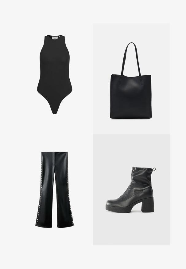 Čierny bezrukávový body s vysokým výstrihom a tangovými nohavičkami. Vyrobené z hladkej, elastickej tkaniny pre priliehavý strih.; Čierne nohavice z faux kože s rozšírenými nohavicami, bočnými cvočkami a hladkou textúrou. Navrhnuté s elegantným predným zapínaním a bez vreciek.; Čierne členkové topánky z hladkej kože, so bočným zipsom, robustnou textúrovanou pätnou časťou a zaobleným dizajnom špičky.; Čierna kožená taška na rameno s hladkým povrchom, obdĺžnikovým tvarom a dvoma dlhými uchami. Bez viditeľného kovania alebo ozdôb.