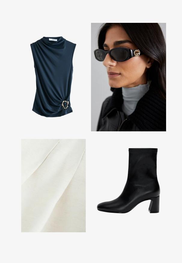Tengerészkék ujjatlan felső, drapált anyaggal, cowl nyakkivágással és fémes arany gyűrűs díszítéssel a derekán, ami sima, puha tapintást biztosít.; Krém színű textil, finom textúrázással, lágy redőkkel és halvány pettyekkel. Simább, puha felület.; Fekete bokacsizma sima bőrből. Téglalap alakú orral, elasztikus felső résszel és robusztus sarokkal a stabilitás érdekében. Minimalista dizájn.; Fekete napszemüveg, sima, téglalap alakú kerettel, arany logóval az oldalon. Sötét lencsék és fényes felület jellemzi.