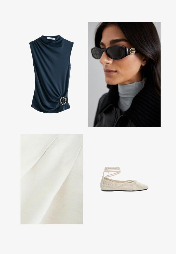 Top senza maniche di colore navy con tessuto drappeggiato, scollatura a cowl e un accento in anello metallico dorato in vita, che offre una texture morbida e liscia.; Tessuto in off-white con una leggera trama testurizzata, caratterizzato da morbide pieghe e leggere macchie. Finitura liscia e morbida.; Ballet flat beige in tessuto intrecciato, con punta a punta, suola piatta e lacci avvolgenti. La texture è a maglia aperta e presenta un rivestimento interno liscio.; Occhiali da sole neri con una montatura rettangolare elegante e un accento del logo dorato sul lato. Le lenti scure e la finitura lucida sono evidenti.; Borsa a mano in pelle color tan con doppie maniglie e tracolla staccabile. Presenta un chiusura in tono oro e una superficie testurizzata.