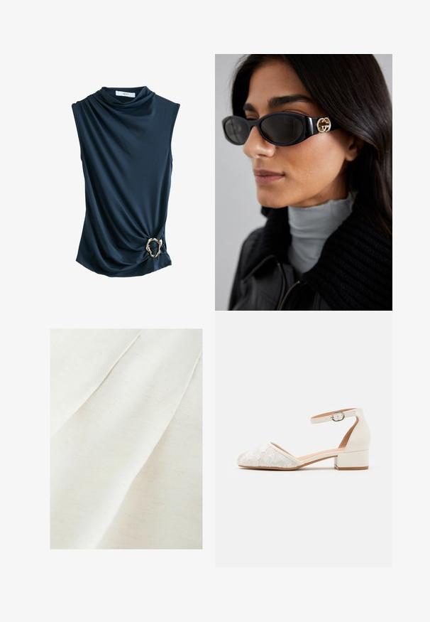 Top senza maniche di colore navy con tessuto drappeggiato, scollatura a cowl e un accento in anello metallico dorato in vita, che offre una texture morbida e liscia.; Tessuto in off-white con una leggera trama testurizzata, caratterizzato da morbide pieghe e leggere macchie. Finitura liscia e morbida.; Scarpa bianca con cinturino alla caviglia in pizzo, con tacco basso e spesso e design a punta. Fodera interna liscia, parte superiore in pizzo texturizzato e dettaglio della fibbia.; Occhiali da sole neri con una montatura rettangolare elegante e un accento del logo dorato sul lato. Le lenti scure e la finitura lucida sono evidenti.