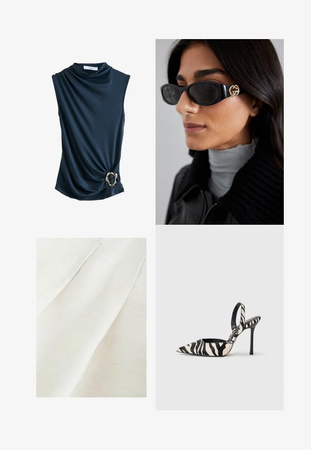 Tumesin ilmavarrukatega topp, millel on langev kangas, kootud kaelus ja metallikuldne rõngas vööl, pakkudes sujuvat ja pehmet tekstuuri.; Kangas on heledas valges toonis, millel on õrn tekstuur ja peened kortsud ning kerged täpid. Sile ja pehme pind.; Kitsas varba, avatud kand ja peen kõrge konts musta ja kreemi värvi zebra mustriga, mille sees on must interjöör.; Mustad musternuga prillid, millel on ansamblil süsimust ristkülikukujuline raam ja külgedel kuldne logo. Tumeda objektiiviga ja läikiv viimistlus on silmatorkavad.; Must mustrask käekott mustast nahast, millel on hõljuv kuju ja lai õlavarre rihm. Omab tekstuuri, punutud mustrit, mis on sileda pinnaga.