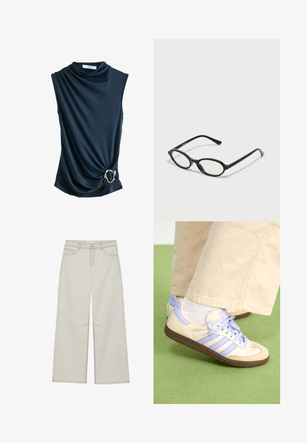 Top senza maniche di colore navy con tessuto drappeggiato, scollatura a cowl e un accento in anello metallico dorato in vita, che offre una texture morbida e liscia.; Pantaloni a gamba larga grigio chiaro con cinque tasche, chiusura frontale con bottone e cuciture a contrasto lungo le cuciture. Il tessuto appare morbido e resistente.; Sneakers crema e lavanda con tre strisce e suola marrone texturizzata, dotati di lacci e tallone imbottito. Parte superiore in tessuto morbido.; Occhiali con montatura ovale nera e accenti viola traslucidi sulle lenti. La montatura ha una finitura opaca e delle astine sottili e diritte.