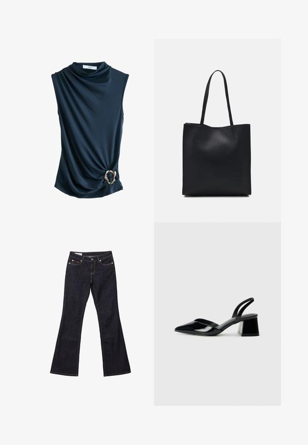 Marineblauw mouwloos topje met gedrapeerd stof, een colhals en een metallic gouden ringaccent op de taille, dat een soepele, zachte textuur biedt.; Donkerblauwe spijkerbroek met flared pijpen, vijf zakken, koperen klinknagels en contrasterende stiksels. Gladde textuur met een rechte, ontspannen pasvorm.; Zwarte gepatineerde leren slingback hakken met een spitse neus en een geometrische blokhak. Kenmerkt zich door een slank, minimalistisch ontwerp en een gladde textuur.; Zwarte leren handtas met een gladde textuur, rechthoekige vorm en twee lange handvaten. Geen zichtbare hardware of versieringen.