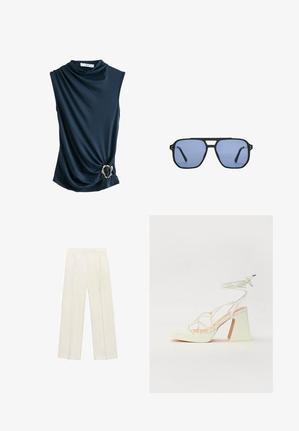 Mørkeblå ærmeløs top med draperet stof, draped halsudskæring og en metallic guldring som accent ved taljen, der tilbyder en glat og blød tekstur.; Bredbenede bukser i en lys cremefarve. Fremstillet af et glat stof med plisseringer foran og sidelommer.; Hvide højhælede sandaler med en kraftig hæl, der har et stropdesign og ankelbinding. Glat tekstur med en platform foran for ekstra højde.; Stradivarius RETRO - Solbriller - light blue