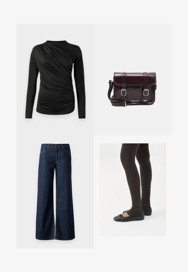 Melna garām piedurknēm krekls ar savāktu tekstūru priekšā, ar augstu kakla izgriezumu un šauru piegriezumu. Mīksts, elastīgs audums.; Platas kājas džinsi tumši zilā denima krāsā. Iespējas ir kontrastējošās vīles, piecas kabatas un pogu aizdare jostasvietā. Gluda tekstūra.; Melnas plakano formas kurpes ar mazu loku uz pirksta, apvienotas ar tumši brūnām ribotām zeķubiksēm. Kurpēm ir gluda tekstūra un zems profils.; Burgundijas lakotas ādas crossbody soma ar taisnstūrveida formu, divām siksnām, sudraba krāsas aksesuāriem un vāku ar aizdari.