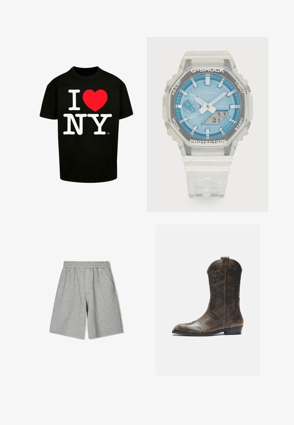 Musta puuvillapaita, jossa on rohkeaa valkoista tekstiä, joka lukee "I ♥ NY" punaisella sydängrafiikalla; lyhyet hihat ja pyöreä kaula-aukko.; Harmaat puuvillashortsit, joissa on joustava vyötärö. Sivutaskut ja rento malli. Suora pinta ja polvitason muotoilu.; Ruskea nahkainen cowboy-saapas, jossa on korkea varsi, terävä kärki, monimutkaiset ompelukuvioinnit ja pieni korko. Pintakuviointi kauttaaltaan.; G-Shock-kello, jossa on kirkas hartsikotelo, sininen kellotaulu, metalliset korostukset, digitaalinen näyttö ja teksturoidusta silikonista valmistettu ranneke. Vedenkestävä 20 baarin syvyyteen.